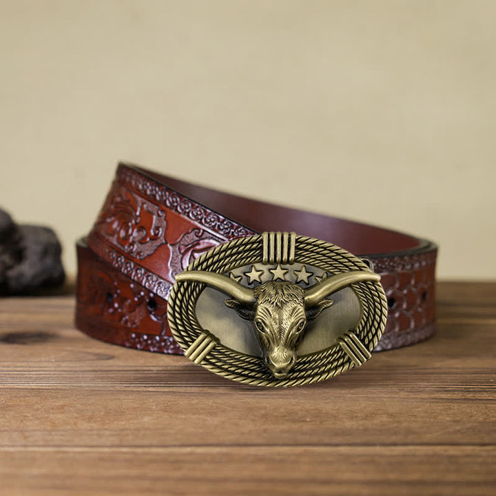 Cinturón de cuero con hebilla de cabeza de toro de cinco estrellas estilo retro para hombre