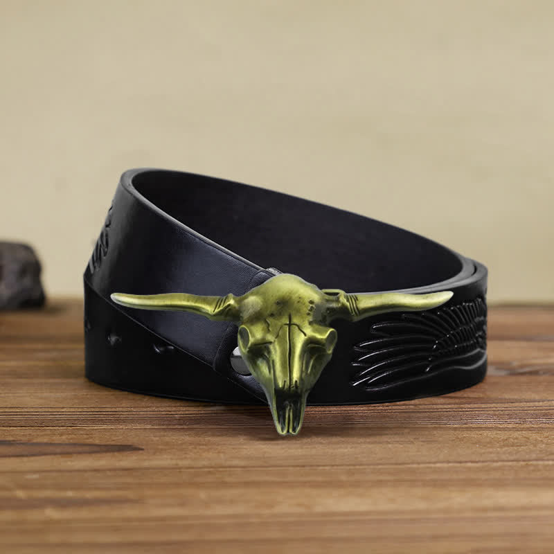 Cinturón de cuero con hebilla de toro Longhorn del oeste para hombre, hecho a mano
