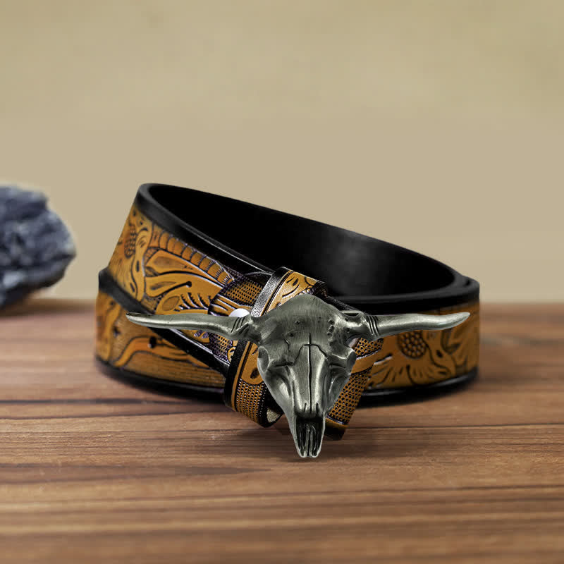 Cinturón de cuero con hebilla de toro Longhorn del oeste para hombre, hecho a mano