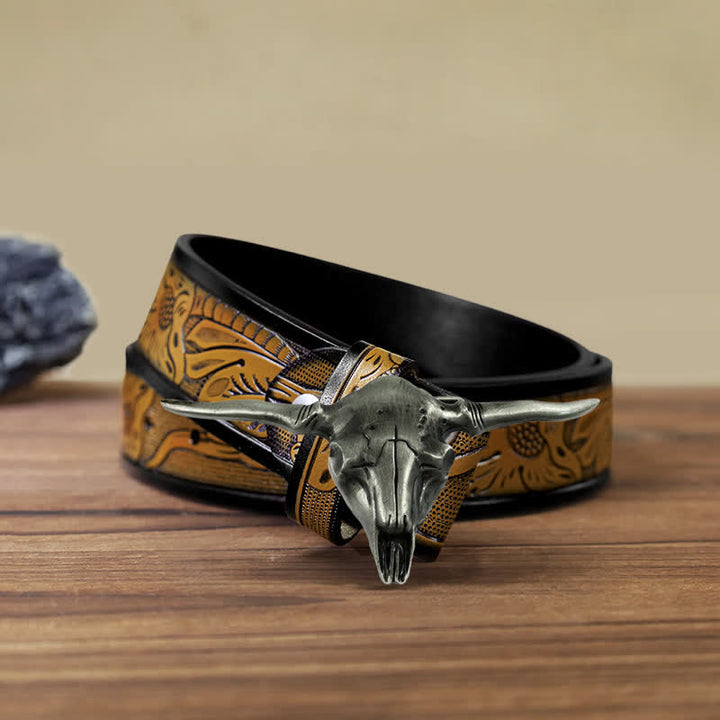Cinturón de cuero con hebilla de toro Longhorn del oeste para hombre, hecho a mano