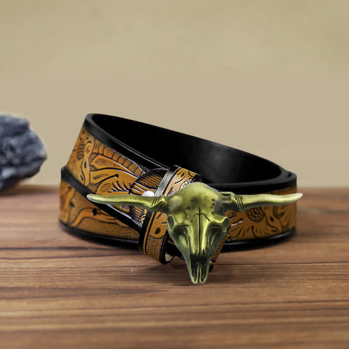 Cinturón de cuero con hebilla de toro Longhorn del oeste para hombre, hecho a mano