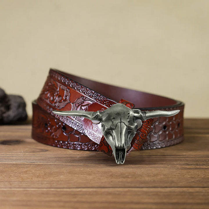 Cinturón de cuero con hebilla de toro Longhorn del oeste para hombre, hecho a mano
