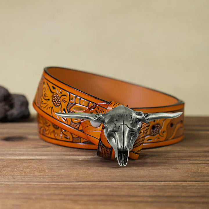 Cinturón de cuero con hebilla de toro Longhorn del oeste para hombre, hecho a mano