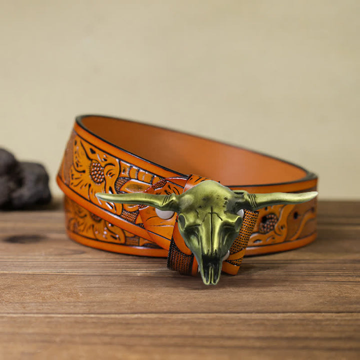 Cinturón de cuero con hebilla de toro Longhorn del oeste para hombre, hecho a mano