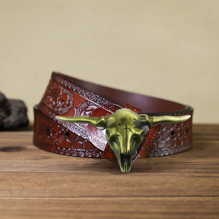 Cinturón de cuero con hebilla de toro Longhorn del oeste para hombre, hecho a mano