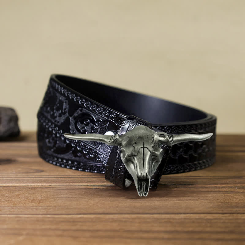 Cinturón de cuero con hebilla de toro Longhorn del oeste para hombre, hecho a mano