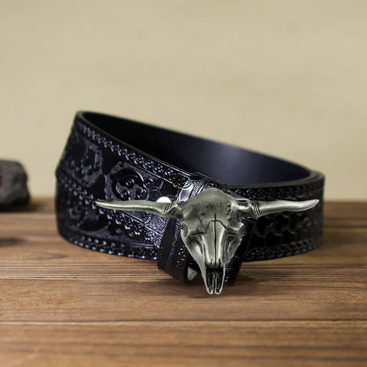 Cinturón de cuero con hebilla de toro Longhorn del oeste para hombre, hecho a mano