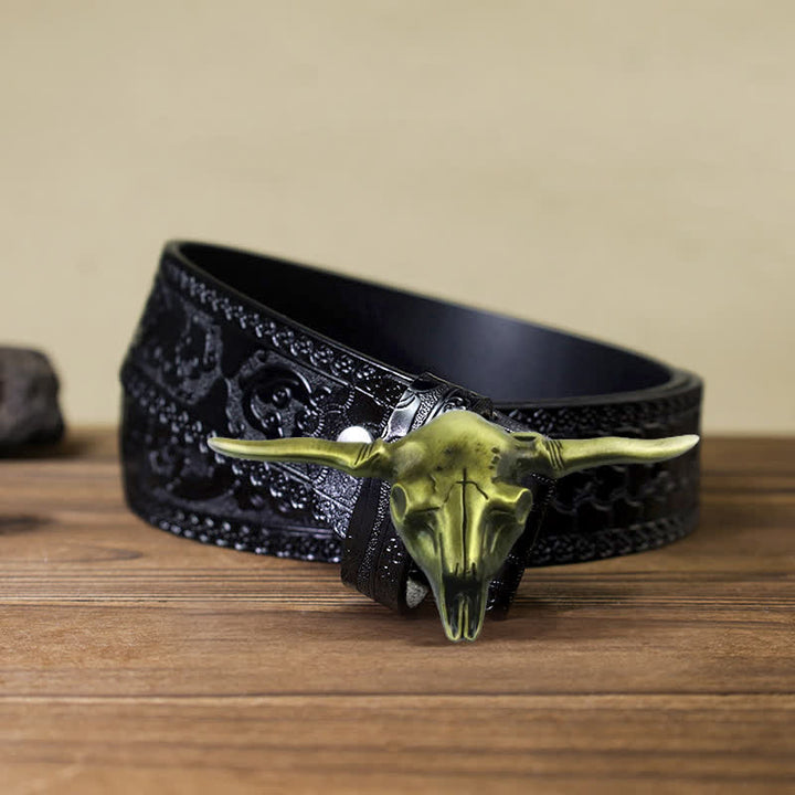 Cinturón de cuero con hebilla de toro Longhorn del oeste para hombre, hecho a mano
