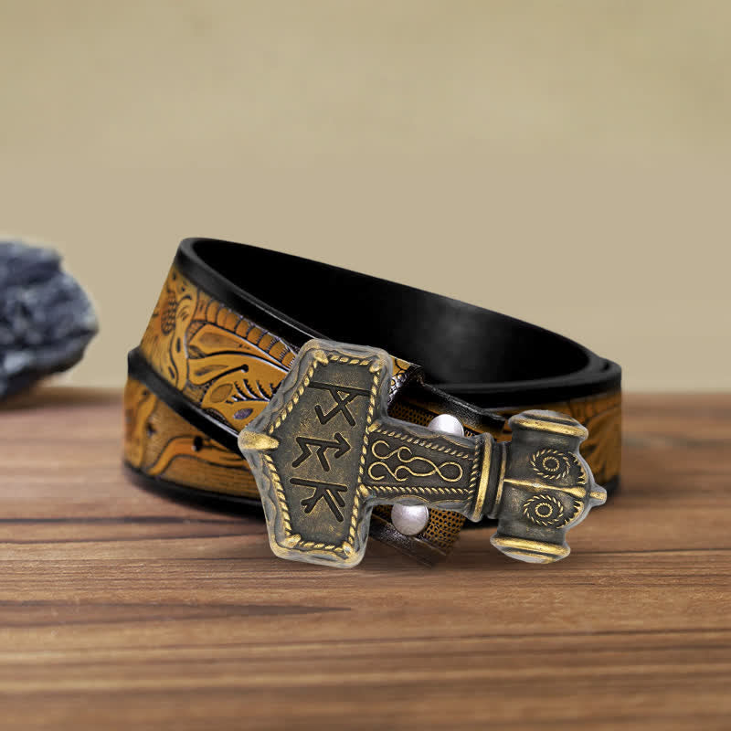 Cinturón de cuero con hebilla de martillo vikingo brutal para hombre hecho a mano