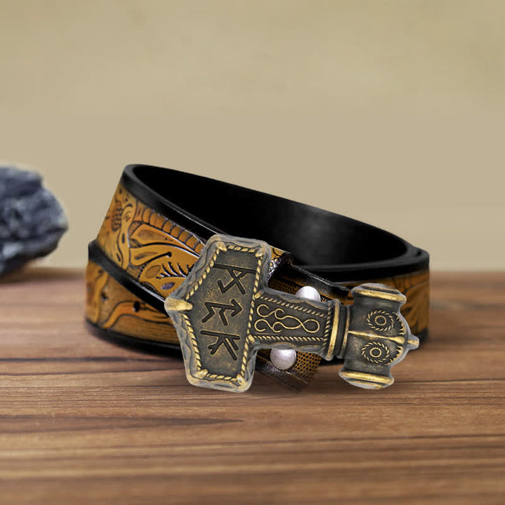 Cinturón de cuero con hebilla de martillo vikingo brutal para hombre hecho a mano