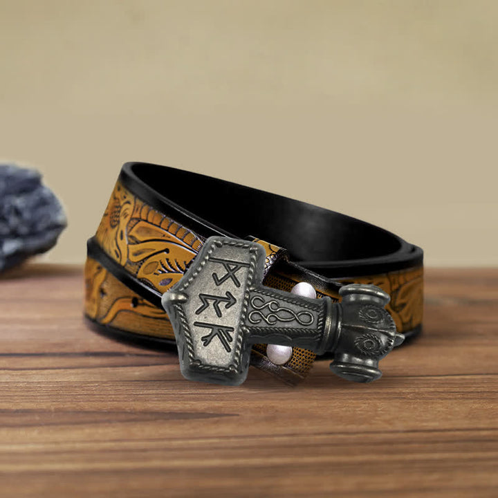 Cinturón de cuero con hebilla de martillo vikingo brutal para hombre hecho a mano