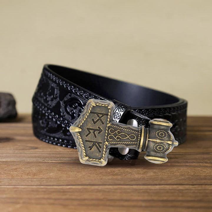 Cinturón de cuero con hebilla de martillo vikingo brutal para hombre hecho a mano