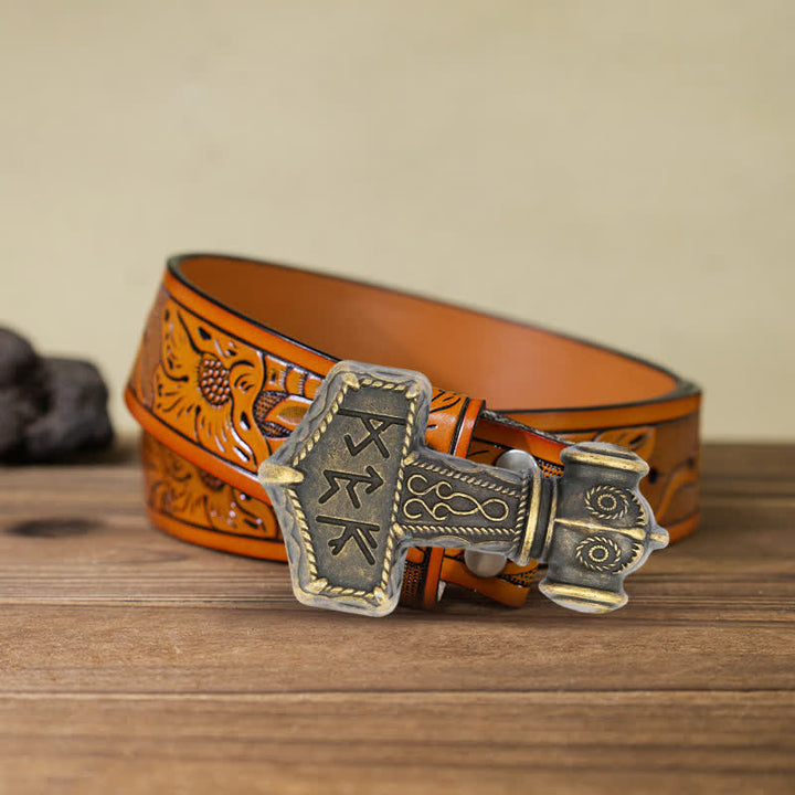 Cinturón de cuero con hebilla de martillo vikingo brutal para hombre hecho a mano