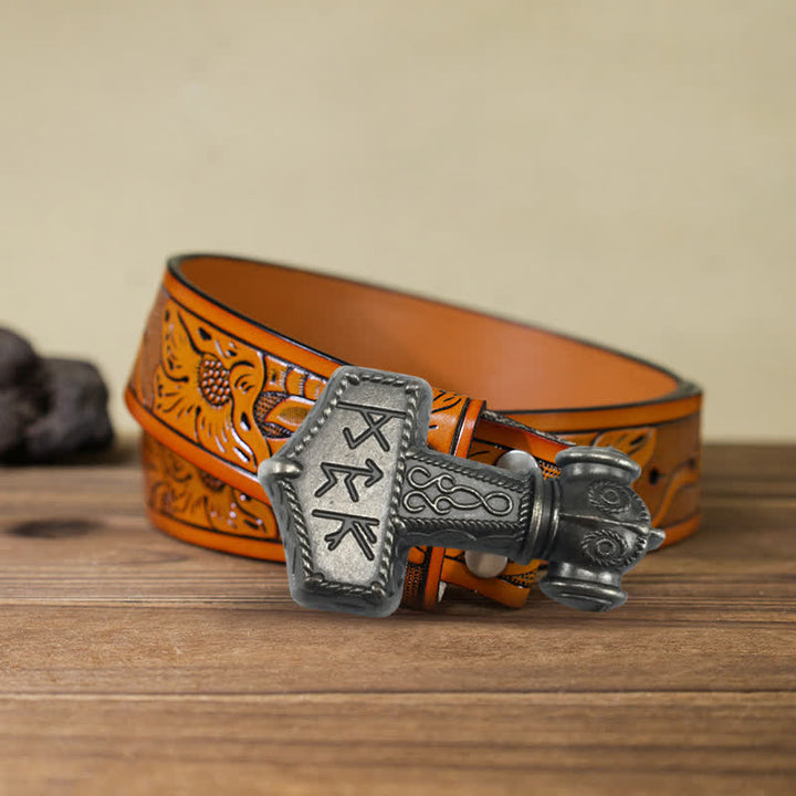 Cinturón de cuero con hebilla de martillo vikingo brutal para hombre hecho a mano