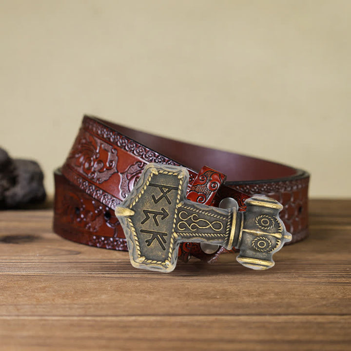 Cinturón de cuero con hebilla de martillo vikingo brutal para hombre hecho a mano