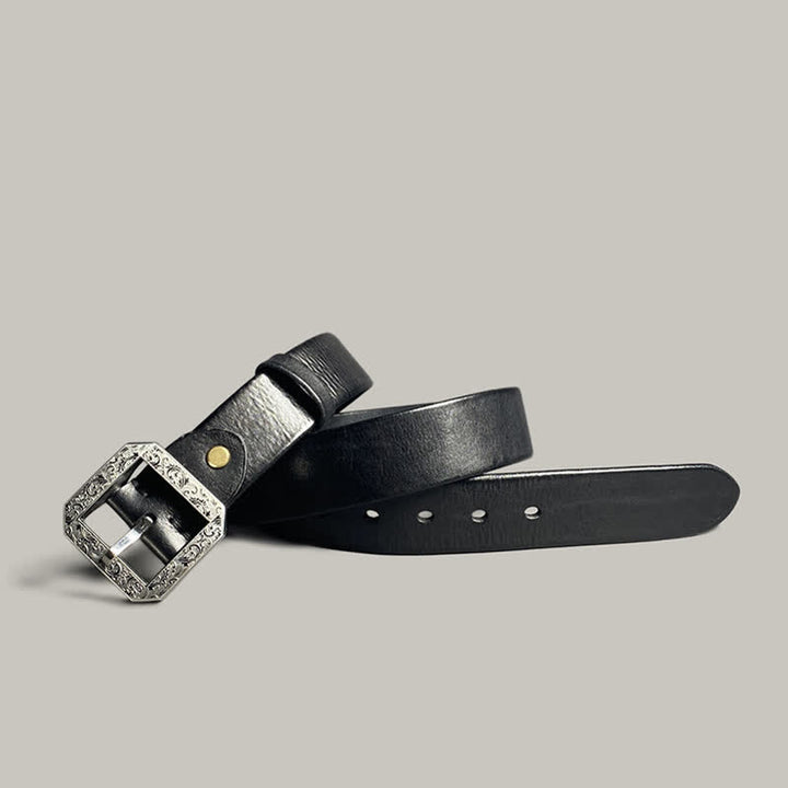Cinturón de cuero para pantalones con hebilla grabada con flores cuadradas