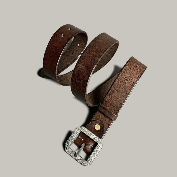 Cinturón de cuero para pantalones con hebilla grabada con flores cuadradas