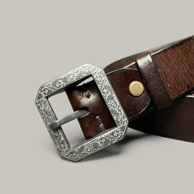 Cinturón de cuero para pantalones con hebilla grabada con flores cuadradas