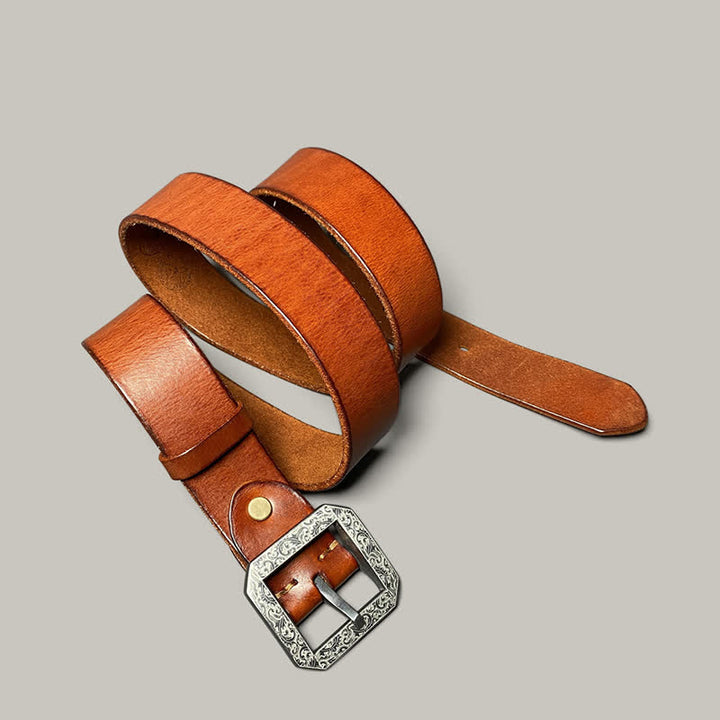 Cinturón de cuero para pantalones con hebilla grabada con flores cuadradas