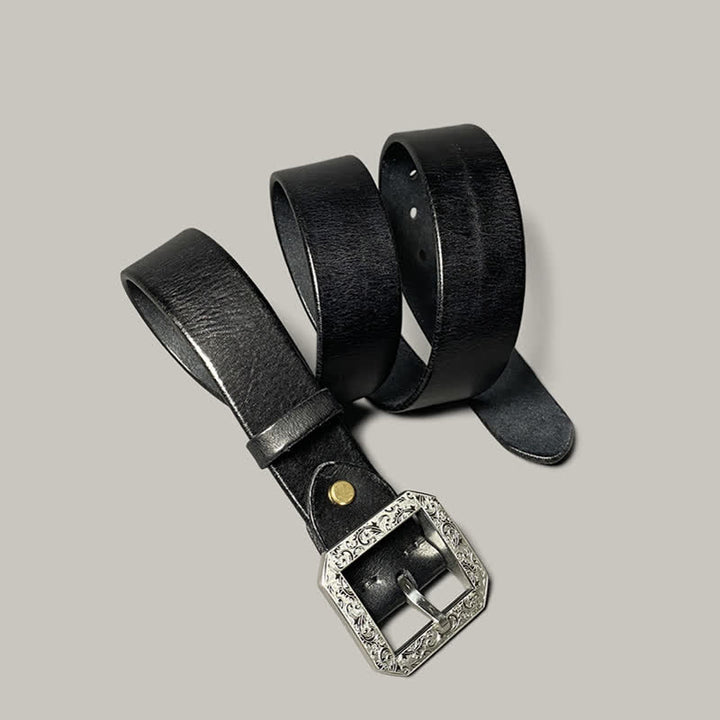 Cinturón de cuero para pantalones con hebilla grabada con flores cuadradas