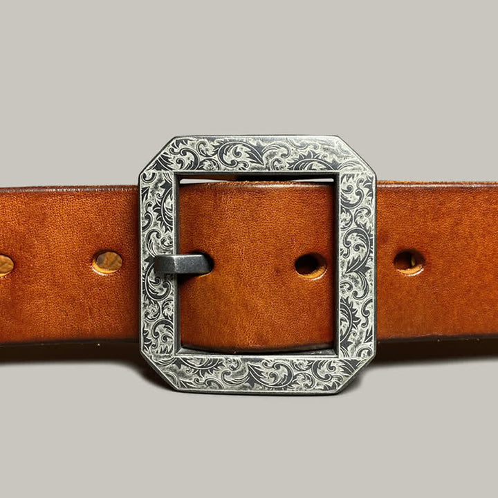 Cinturón de cuero para pantalones con hebilla grabada con flores cuadradas