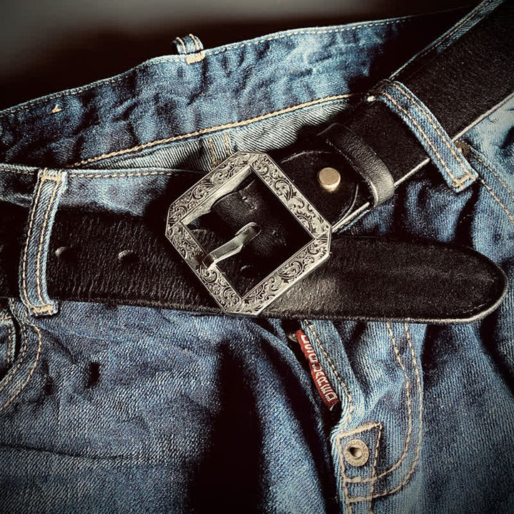 Cinturón de cuero para pantalones con hebilla grabada con flores cuadradas