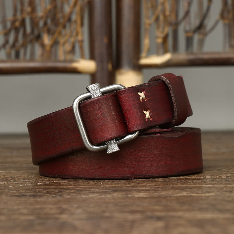 Cinturón de cuero con hebilla lisa ajustable y desgastado estilo retro