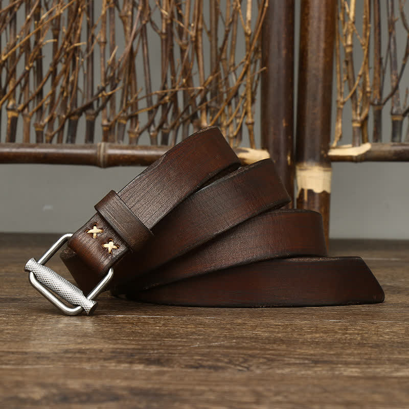 Cinturón de cuero con hebilla lisa ajustable y desgastado estilo retro