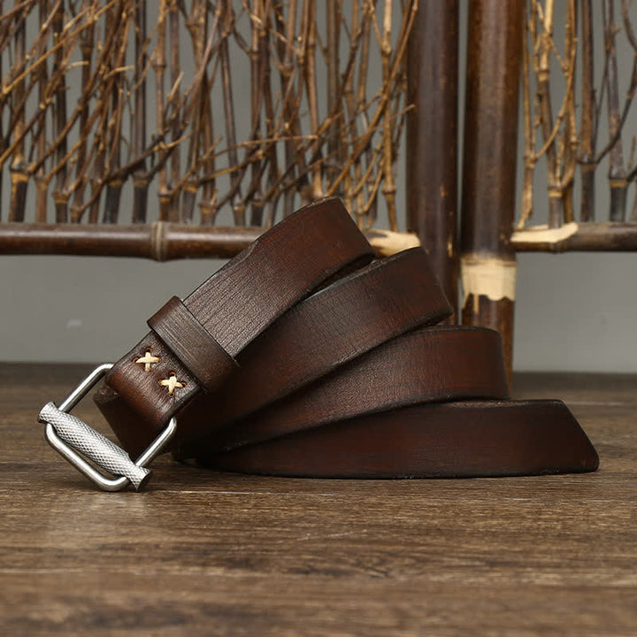 Cinturón de cuero con hebilla lisa ajustable y desgastado estilo retro