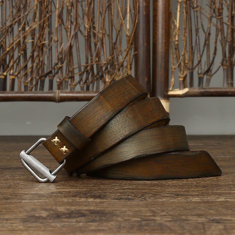 Cinturón de cuero con hebilla lisa ajustable y desgastado estilo retro