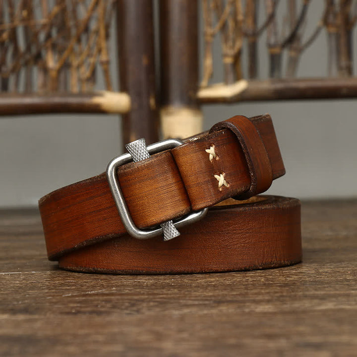 Cinturón de cuero con hebilla lisa ajustable y desgastado estilo retro