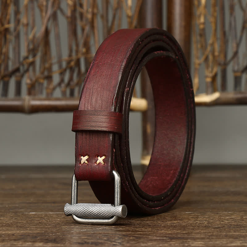 Cinturón de cuero con hebilla lisa ajustable y desgastado estilo retro