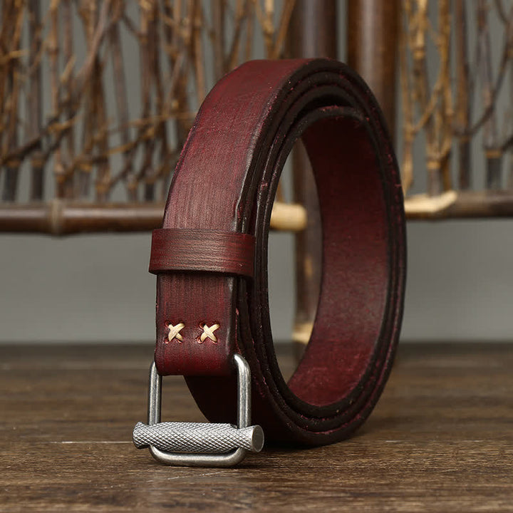 Cinturón de cuero con hebilla lisa ajustable y desgastado estilo retro