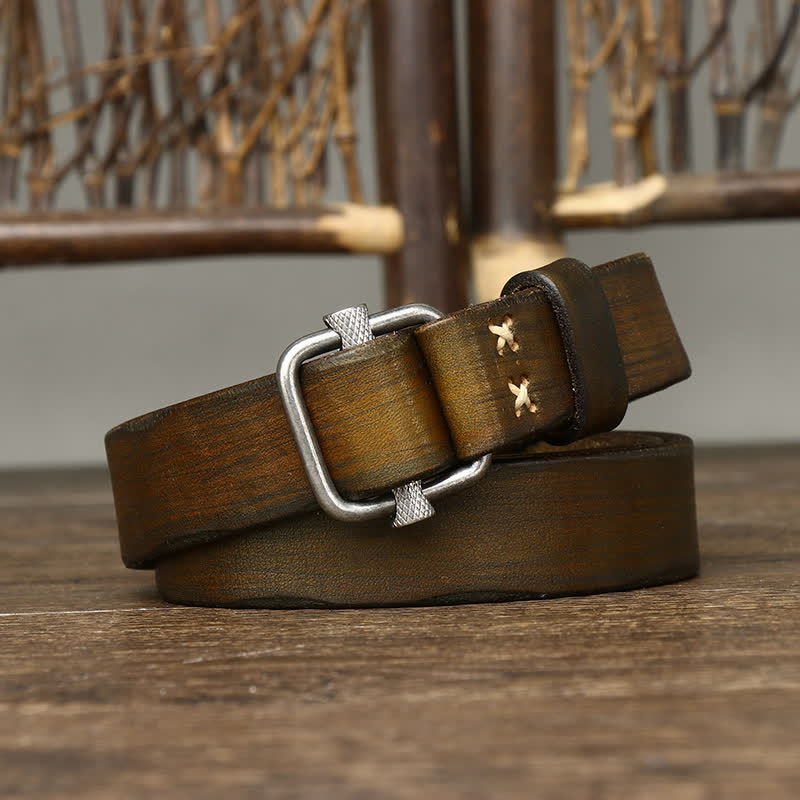 Cinturón de cuero con hebilla lisa ajustable y desgastado estilo retro