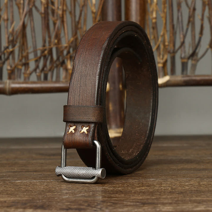 Cinturón de cuero con hebilla lisa ajustable y desgastado estilo retro