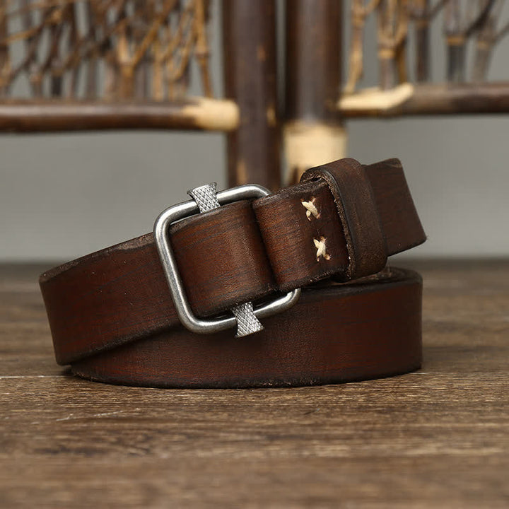Cinturón de cuero con hebilla lisa ajustable y desgastado estilo retro