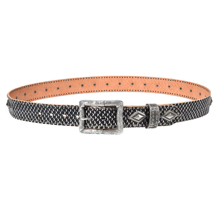 Cinturón de cuero con remaches y estampado de piel de serpiente con personalidad.