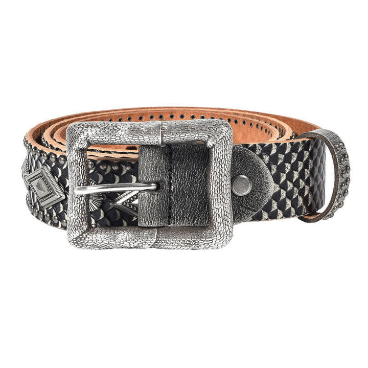 Cinturón de cuero con remaches y estampado de piel de serpiente con personalidad.