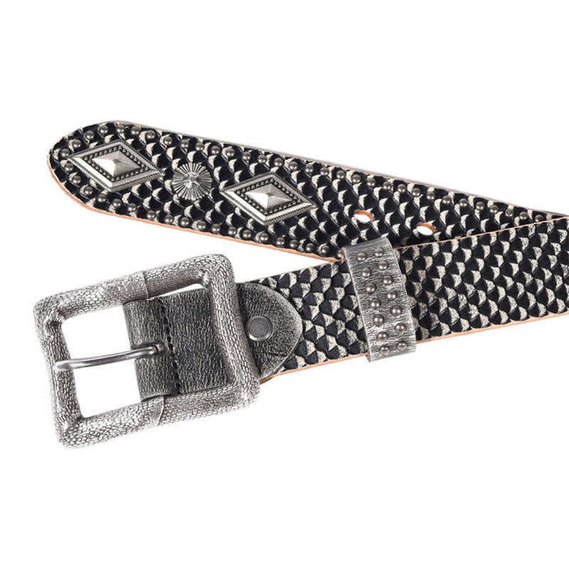 Cinturón de cuero con remaches y estampado de piel de serpiente con personalidad.
