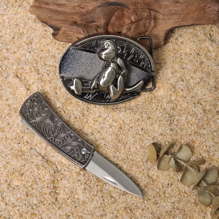 Conjunto de hebillas de cinturón de cuero con cuchillo plegable oculto DIY de animales juguetones
