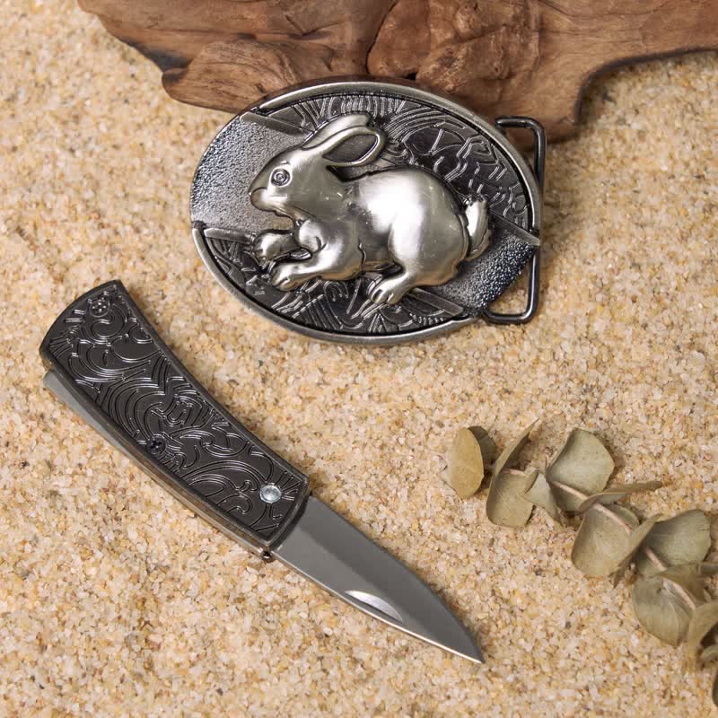 Conjunto de hebillas de cinturón de cuero con cuchillo plegable oculto DIY de animales juguetones