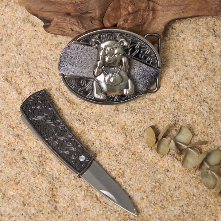 Conjunto de hebillas de cinturón de cuero con cuchillo plegable oculto DIY de animales juguetones