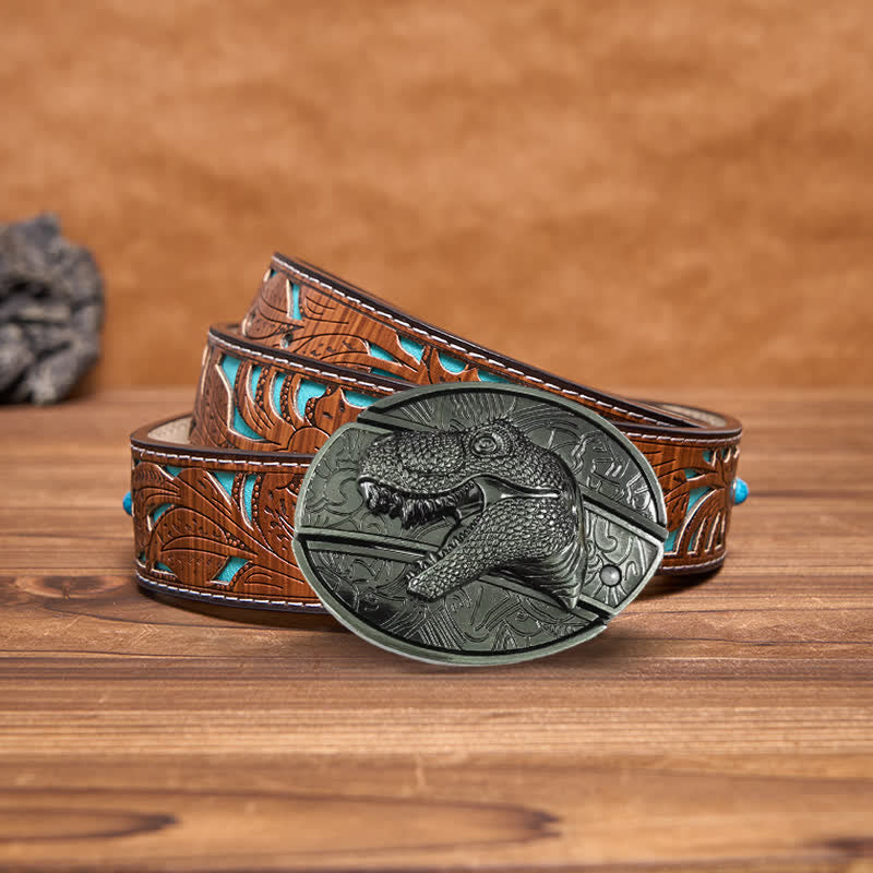 Cinturón de cuero con cuchillo plegable oculto de dinosaurio para hombre