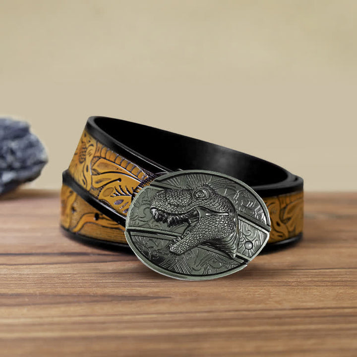 Cinturón de cuero con cuchillo plegable oculto de dinosaurio para hombre