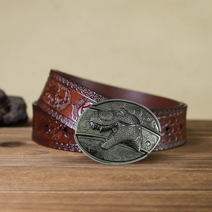 Cinturón de cuero con cuchillo plegable oculto de dinosaurio para hombre
