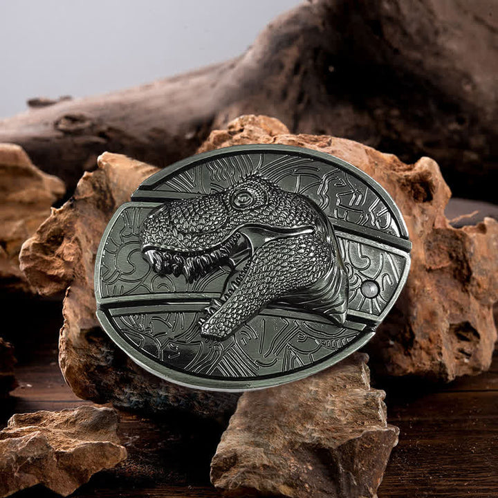 Cinturón de cuero con cuchillo plegable oculto de dinosaurio para hombre