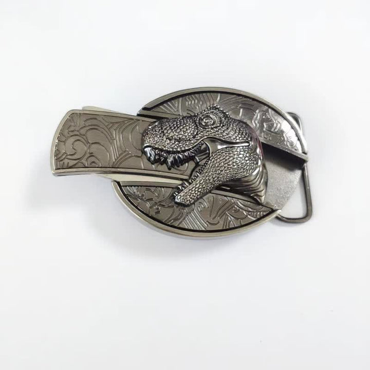 Cinturón de cuero con cuchillo plegable oculto de dinosaurio para hombre