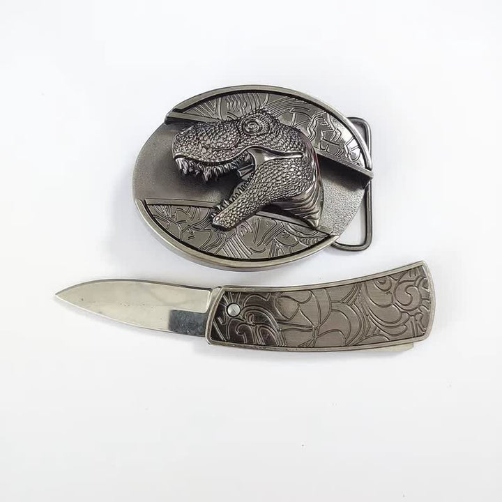 Cinturón de cuero con cuchillo plegable oculto de dinosaurio para hombre