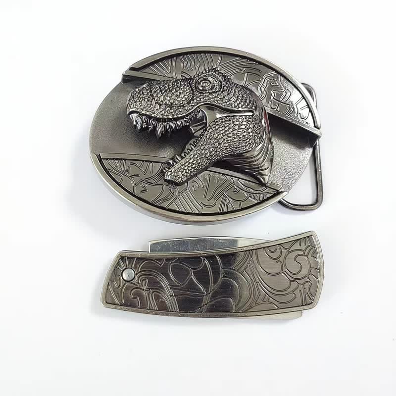 Cinturón de cuero con cuchillo plegable oculto de dinosaurio para hombre