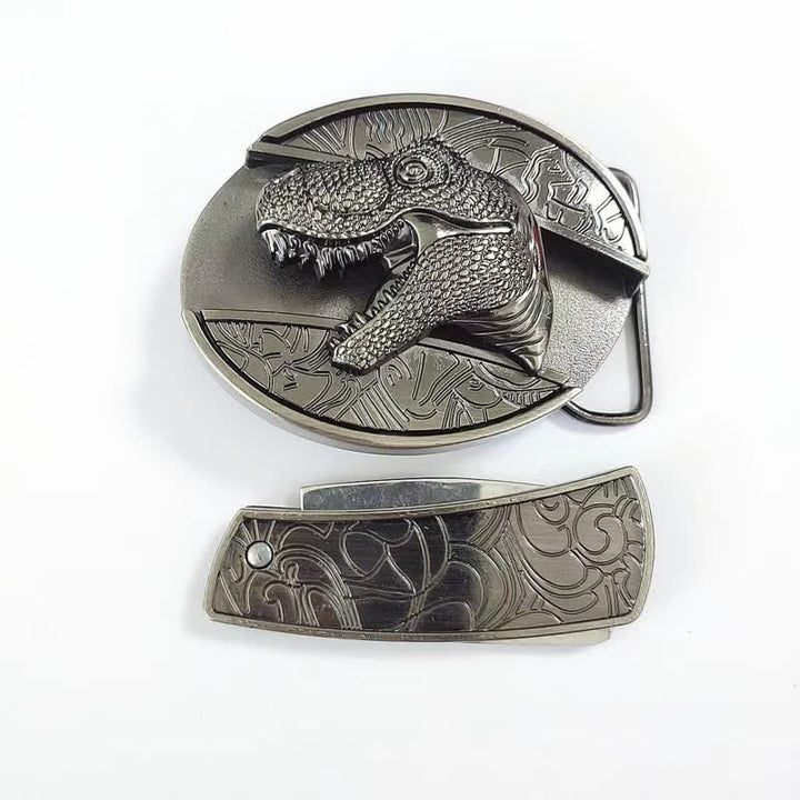 Cinturón de cuero con cuchillo plegable oculto de dinosaurio para hombre